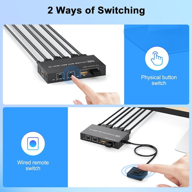 TaiLaiEra 4K HDMI KVM Switch 1 Monitor 2 Computers 4K@60Hz, USB KVM Switches for 2 Computer Share Monitor 2 USB Ports for Keyboard Mouse, Support Extended/Mirror Mode with Desktop Controller 2 Wires Included - Image 5